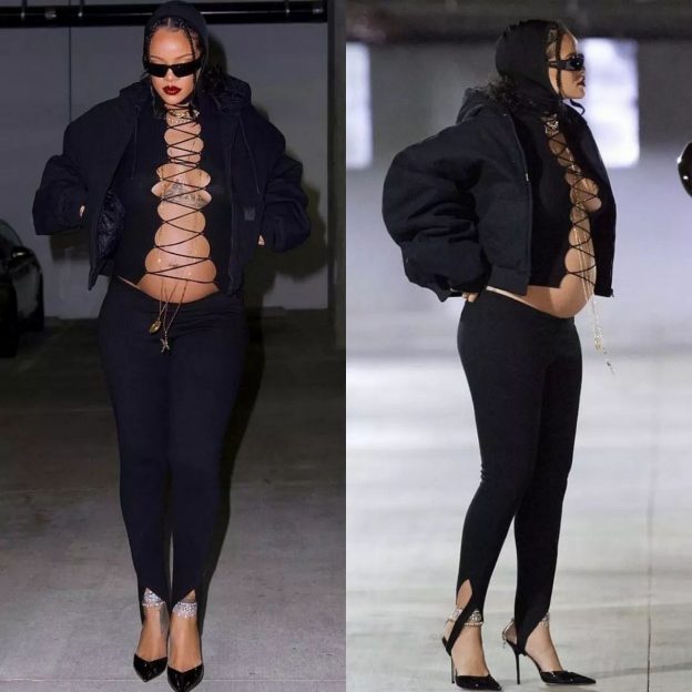 Rihanna Flaunts Her Baby Bump In Laced-Up Top (8 Photos)